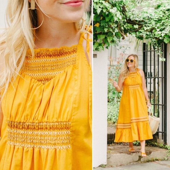 Free People Another Love Smocked Marigold Midi Dress Linen - Picture 2 of 14